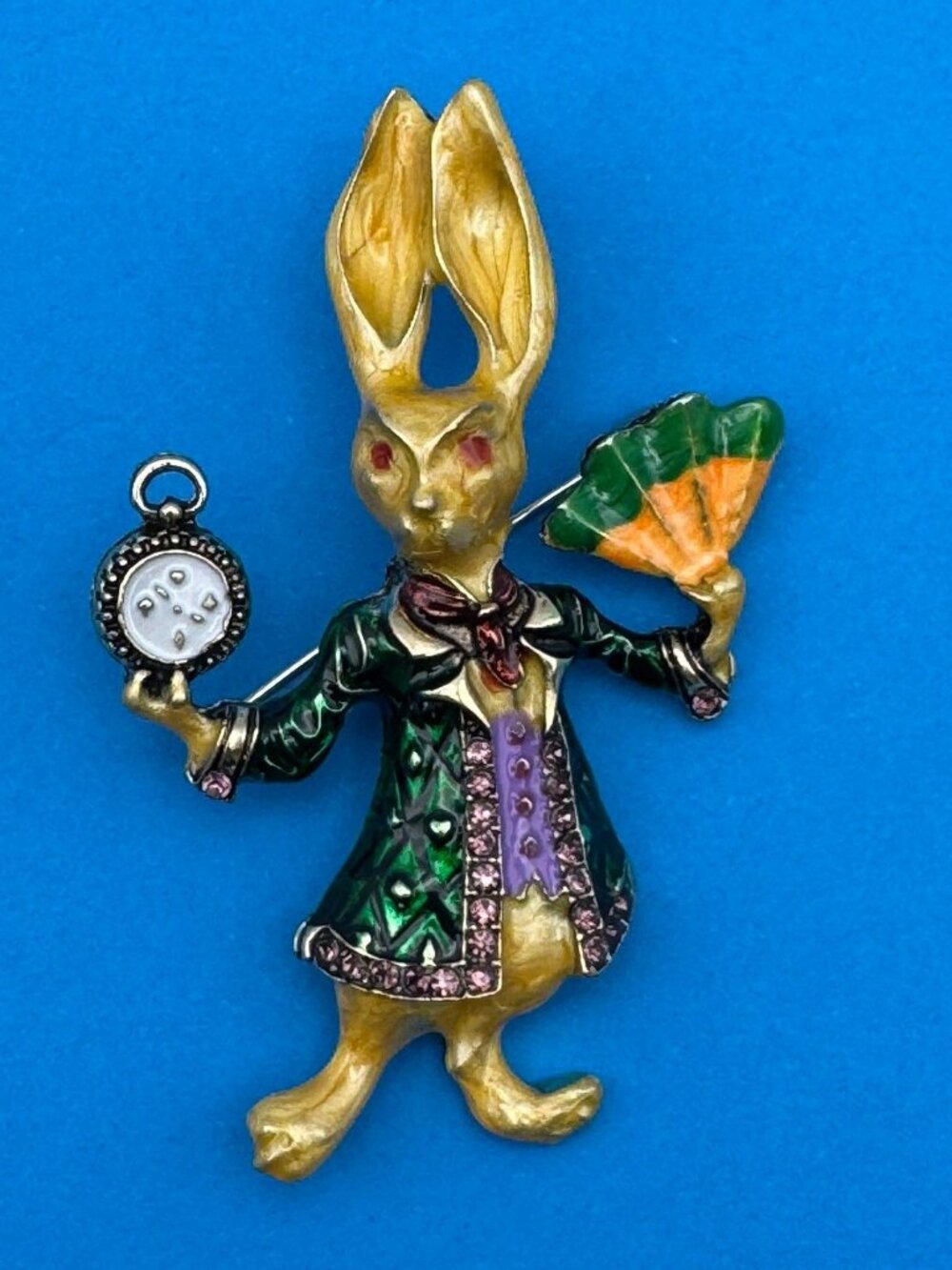 Rabbit Brooch Pin Green Coat Rhinestone Trim Enamel Clock Fan Gold Tone